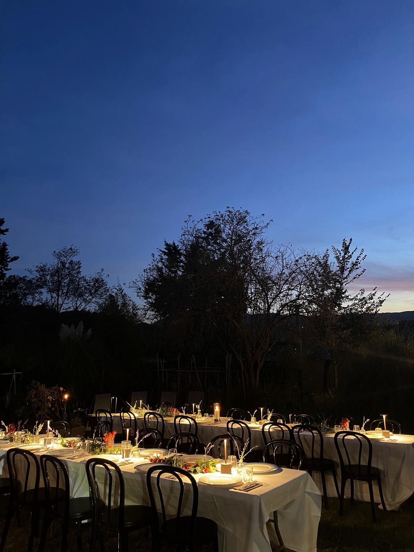 Dinner table set at dusk